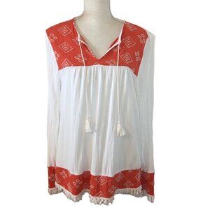 BEACHLUNCHLOUNGE Boho Top Women's Size Large White Orange Beachwear Gauzy